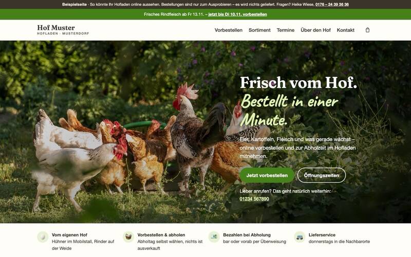 Startseite des Beispiel-Hofladens Hof Muster