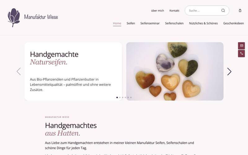 Startseite des Shops Manufaktur Wiese mit handgemachten Herzseifen