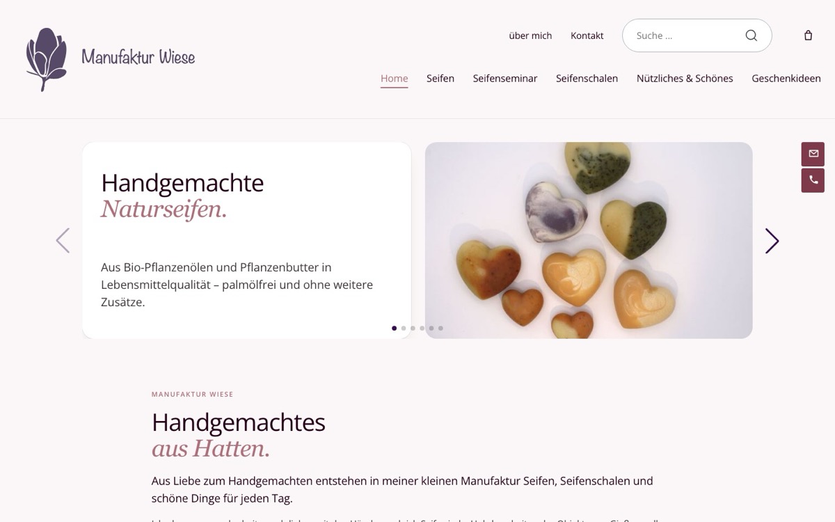 Startseite des Shops Manufaktur Wiese mit handgemachten Herzseifen