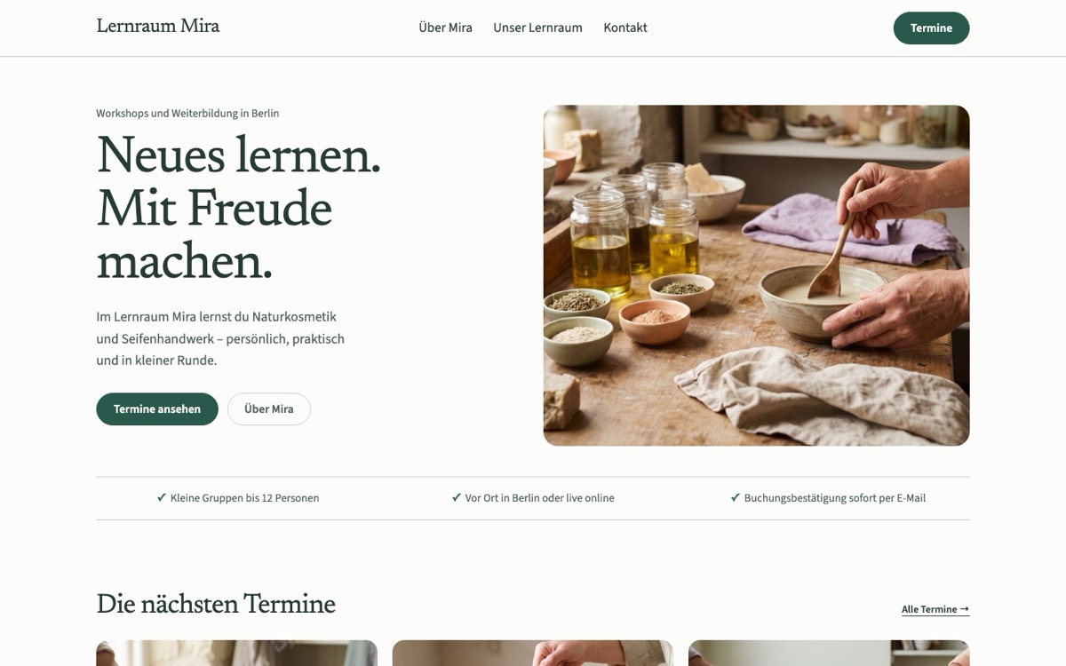 Startseite der Beispiel-Seminarseite Lernraum Mira